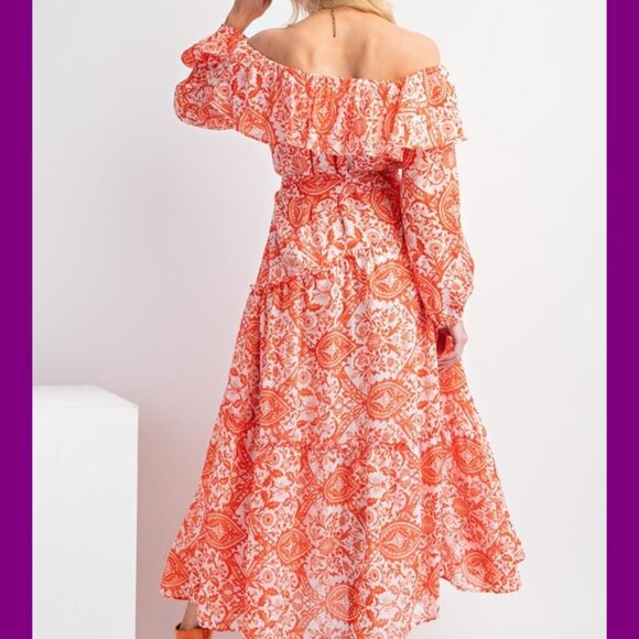 Easel Sunset Orange Printed Off-Shoulder Maxi Dress NWT L - Picture 4 of 10